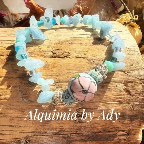 Aquamarine clear quartz beaded bracelet stack set luxury